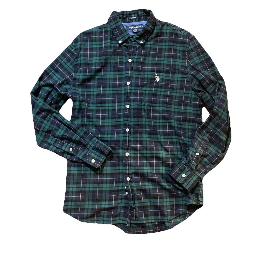 Skater US Polo Assn Flannel Shirt Mens Blue Green Plaid Button Western Casual L